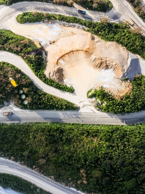 Area under development.
Aerial photograph of forest road and construction site.