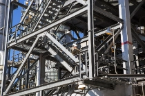 The butadiene condenser structure in the olefins complex in Port Arthur, Texas. The complex is a world-scale single train butadiene extraction facility and indirect alkylation unit. Butadiene is used in the production of rubber and plastic products. End products include tires, house paints, adhesives, masonry and carpet underlay.